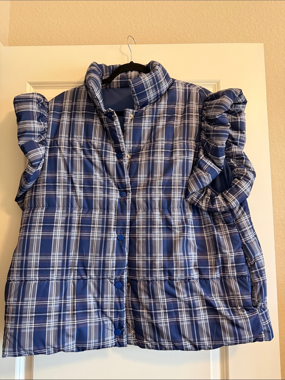 Blue Plaid Puffer Vest with Ruffle Sleeves, Snaps- Lightweight